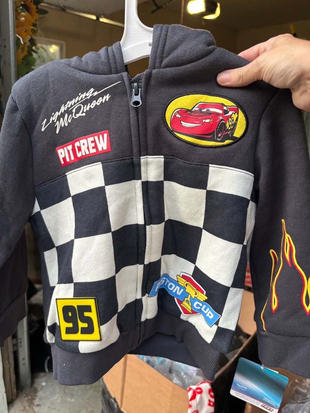 Disney Pixar Cars Lightning McQueen Checkered Pit Crew Zip-Up Fleece Hoodie
